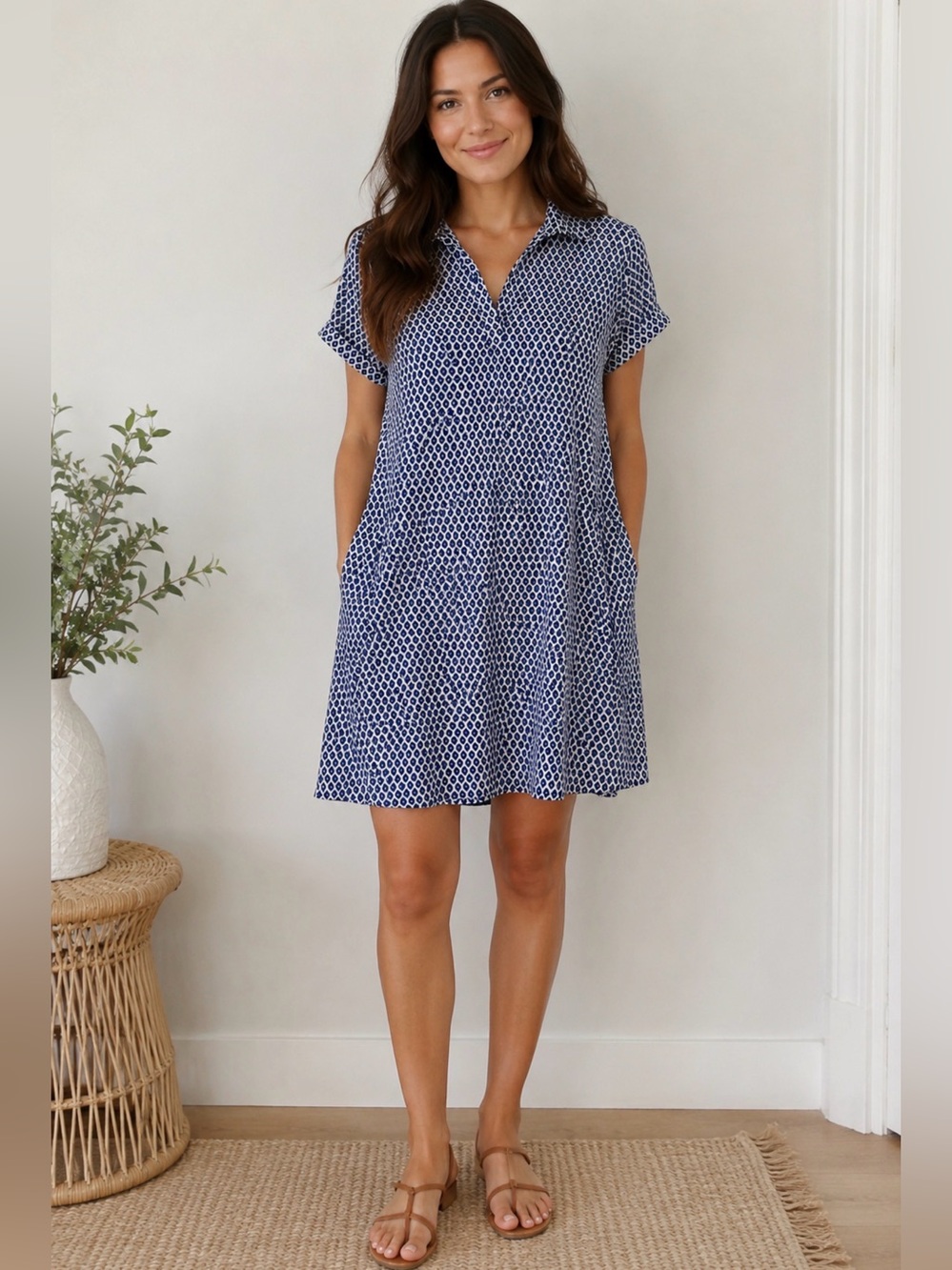 Southern Tide Blue White Geo Print Performance Shirt Dress Women’s Large